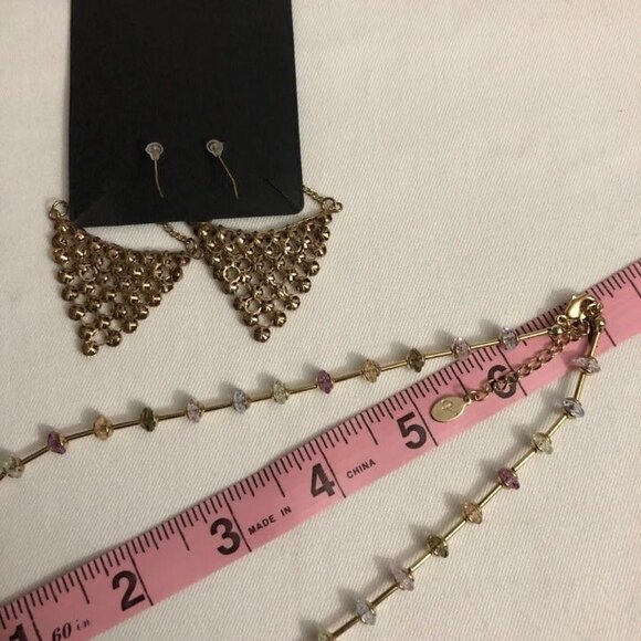 Beaded Rhinestone Necklace & Chandelier Earrings Gold Tone - Picture 5 of 7